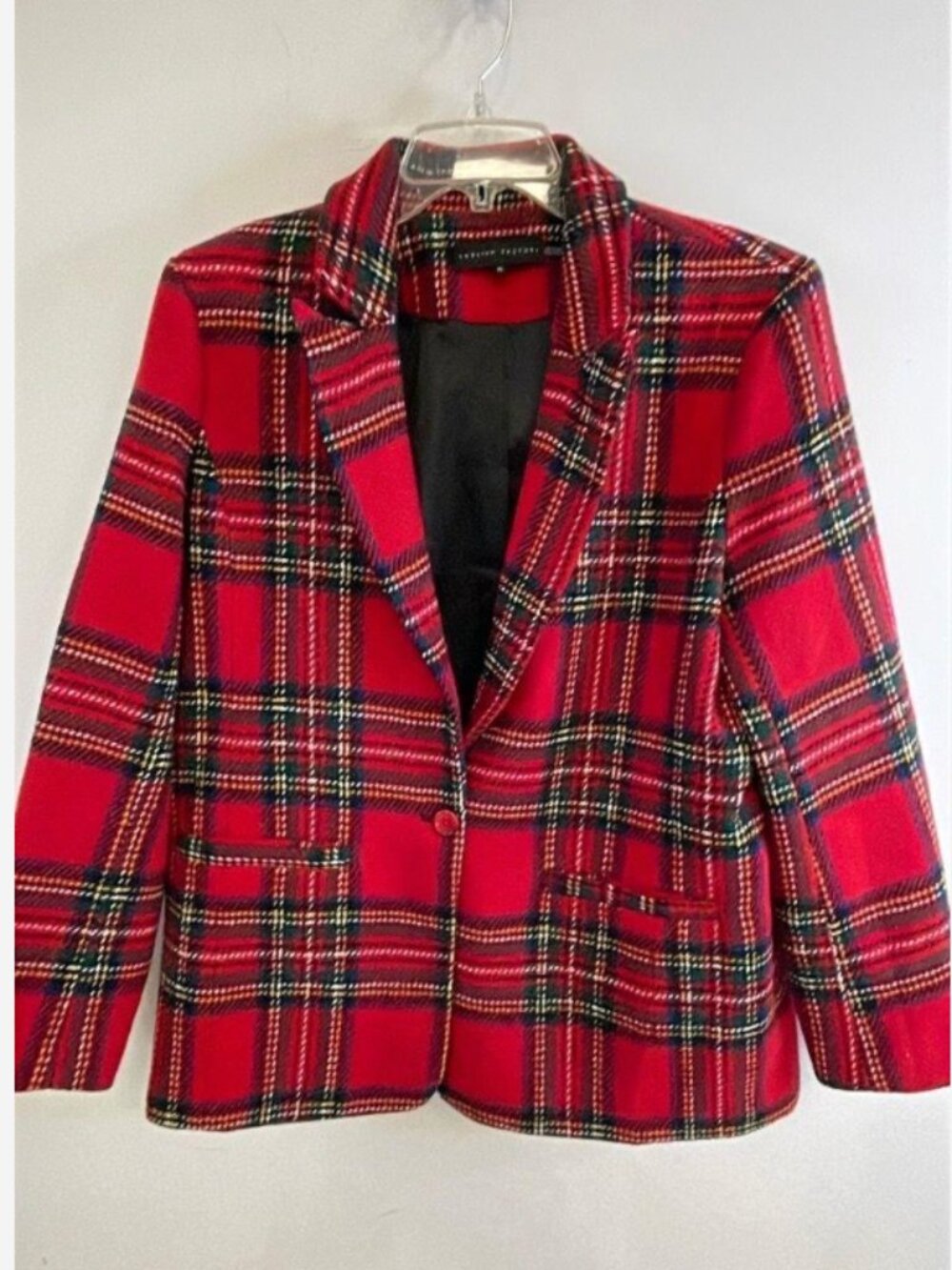 English Factory Red Plaid Tartan Single Button Blazer Jacket Women's XL